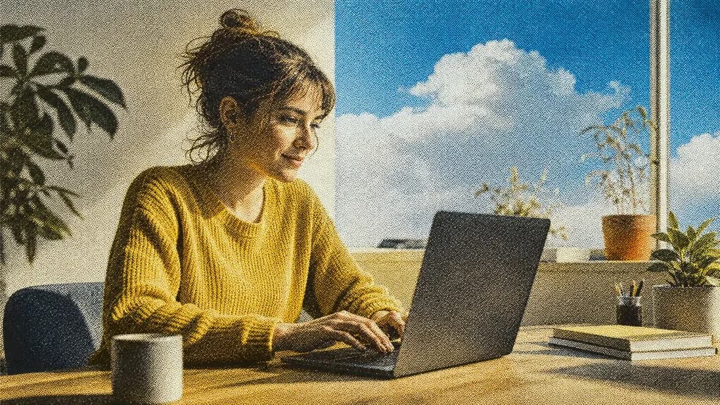Person working on a laptop in halftone style