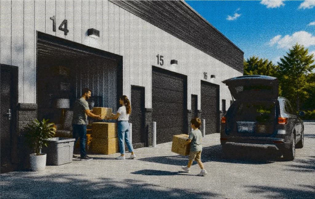Family moving into a Mini-Entrepôts Beaumont unit, in halftone